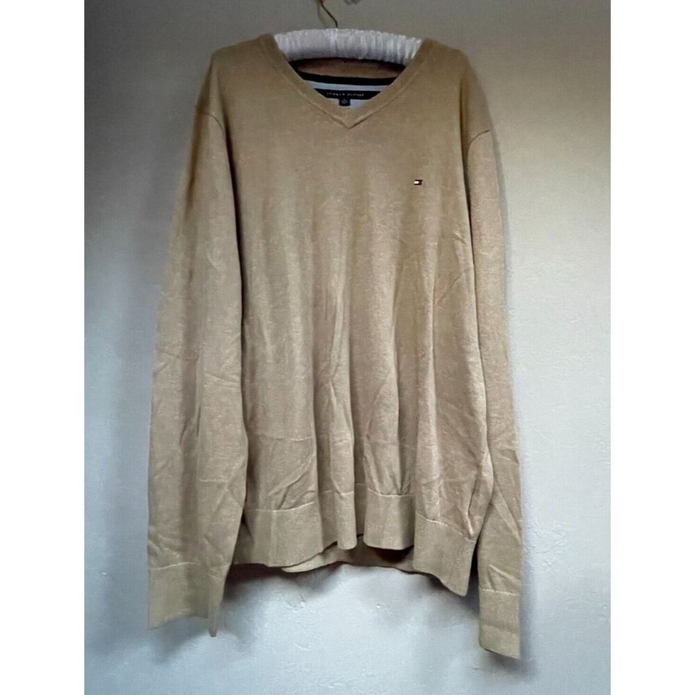 Tommy Hilfiger Men Pima Cotton Knit V-Neck Pullover Sweater XL Brown Lightweight
